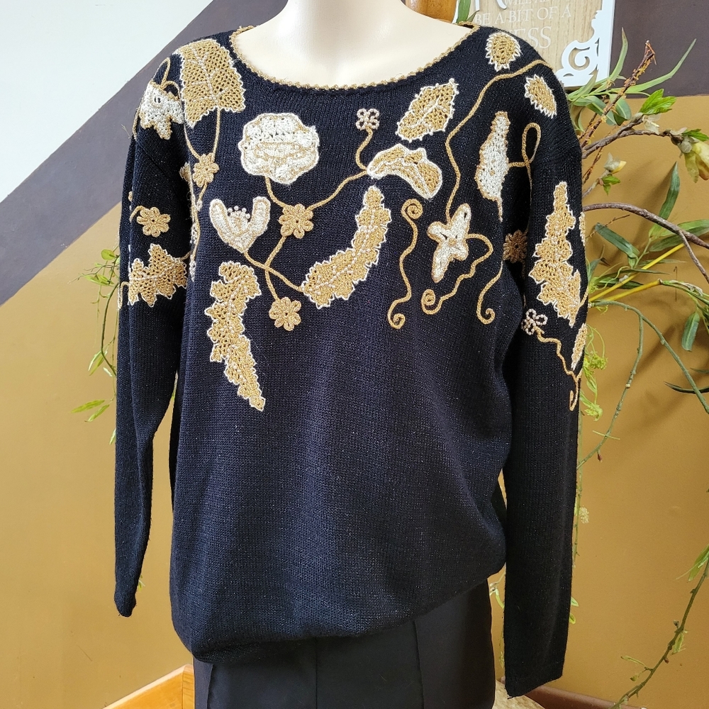 Vintage Beaded Sweater Black Shimmer  Gold Applique Pearl Beads Jocelyn Smith M - Picture 3 of 12